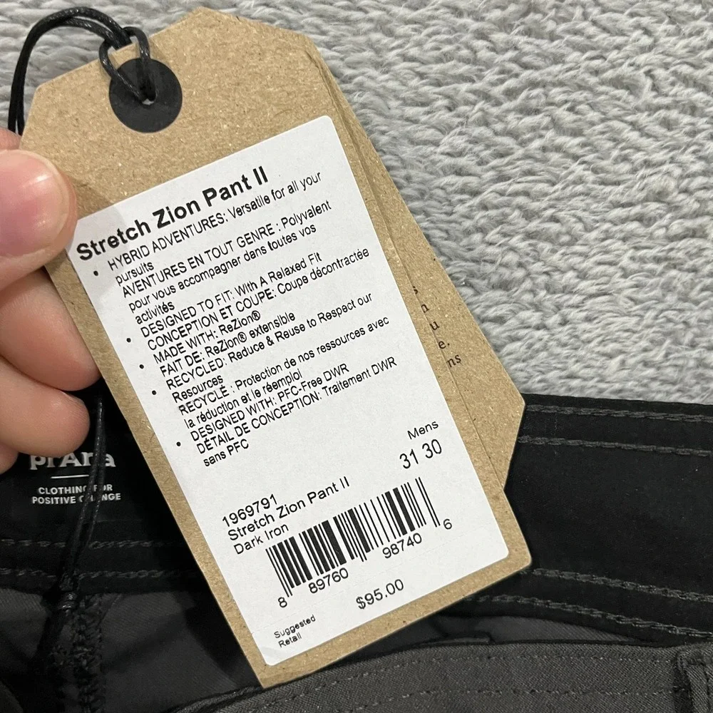 Prana Zion Pants II Relaxed Fit Straight Leg Dark Iron Men's 31x30 Grey Stretch